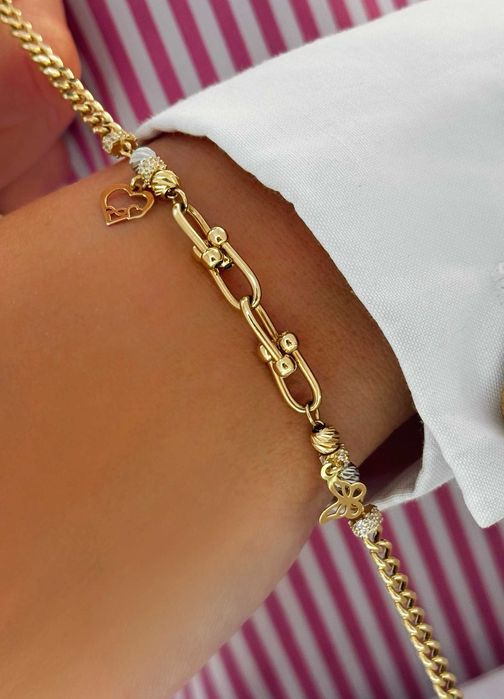 Złota Bransoletka z Zawieszkami Próby 585 Wysyłka/Kurier/Pobranie