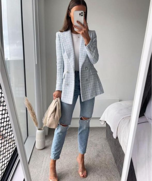 блактиний твідовий піджак блейзер жакет приталений в клітинку zara