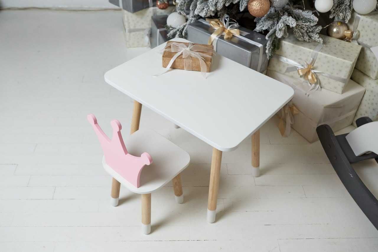 Дитячий білий прямокутний стіл і стільчик рожева корона