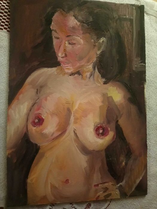 Obraz olejny na desce – impastowy akt, oryginalna technika, rękodzieło