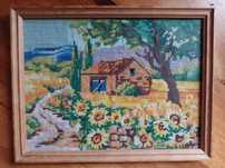 obraz pejzaż widok haft krzyżykowy 44 x34 cm obrazek ręcznie wyszywany