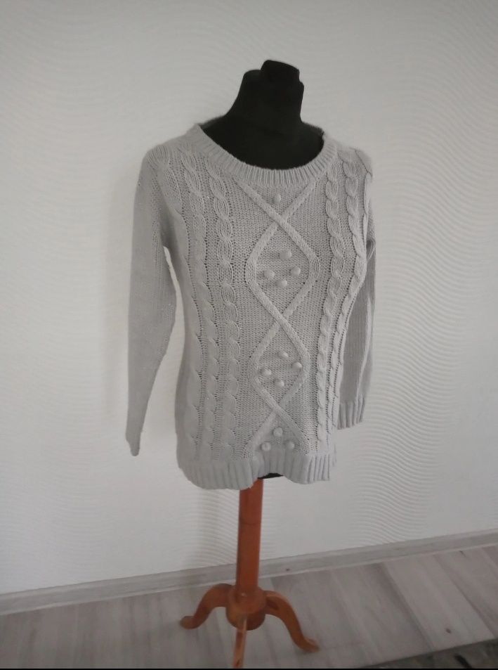 Reserved szary srebrny sweter z warkoczami L 42 44