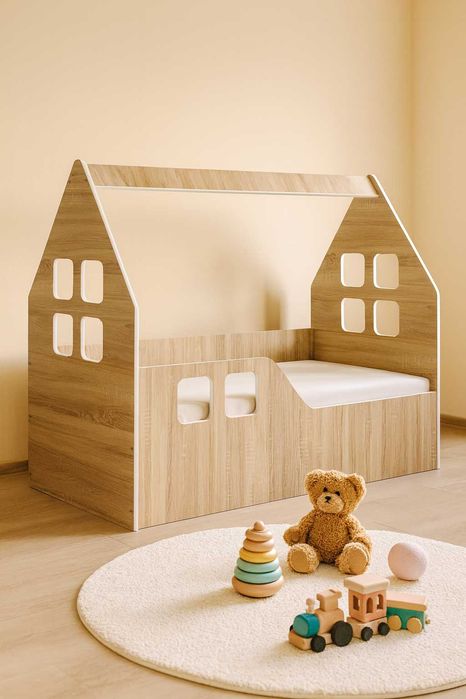 Łóżko dziecięce DOMEK SONOMA140x70 + materac + pokrowiec