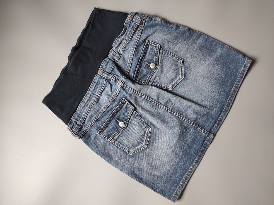 Krótka jeansowa spódniczka ciążowa H&M Mama rozmiar M z przetarciami