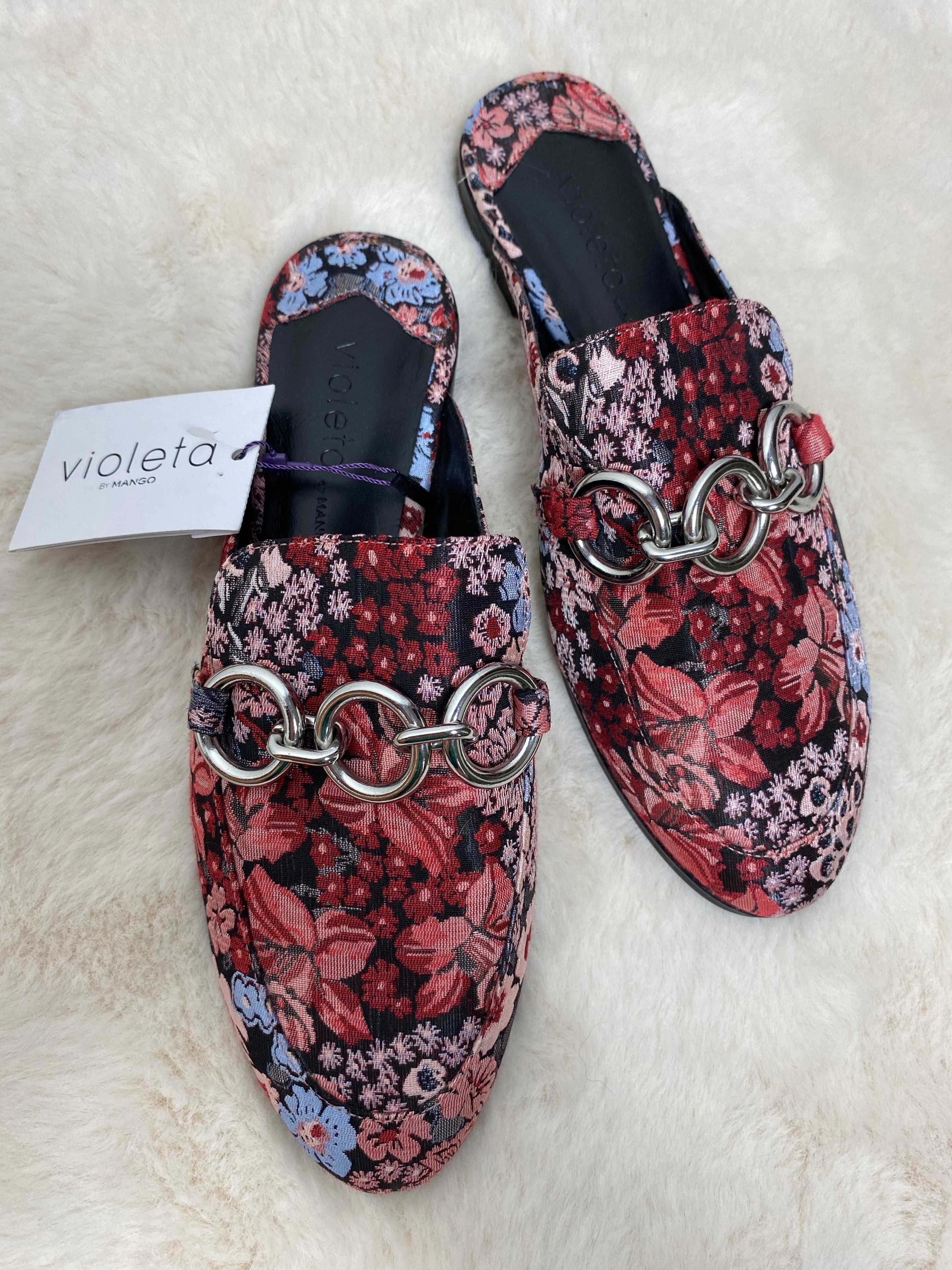 Nowe buty damskie klapki mule w kwiaty wzory 37 Mango odkryty tył