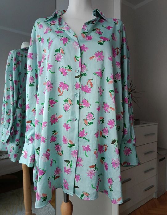 Miętowa koszula w kwiaty Zara XL 42