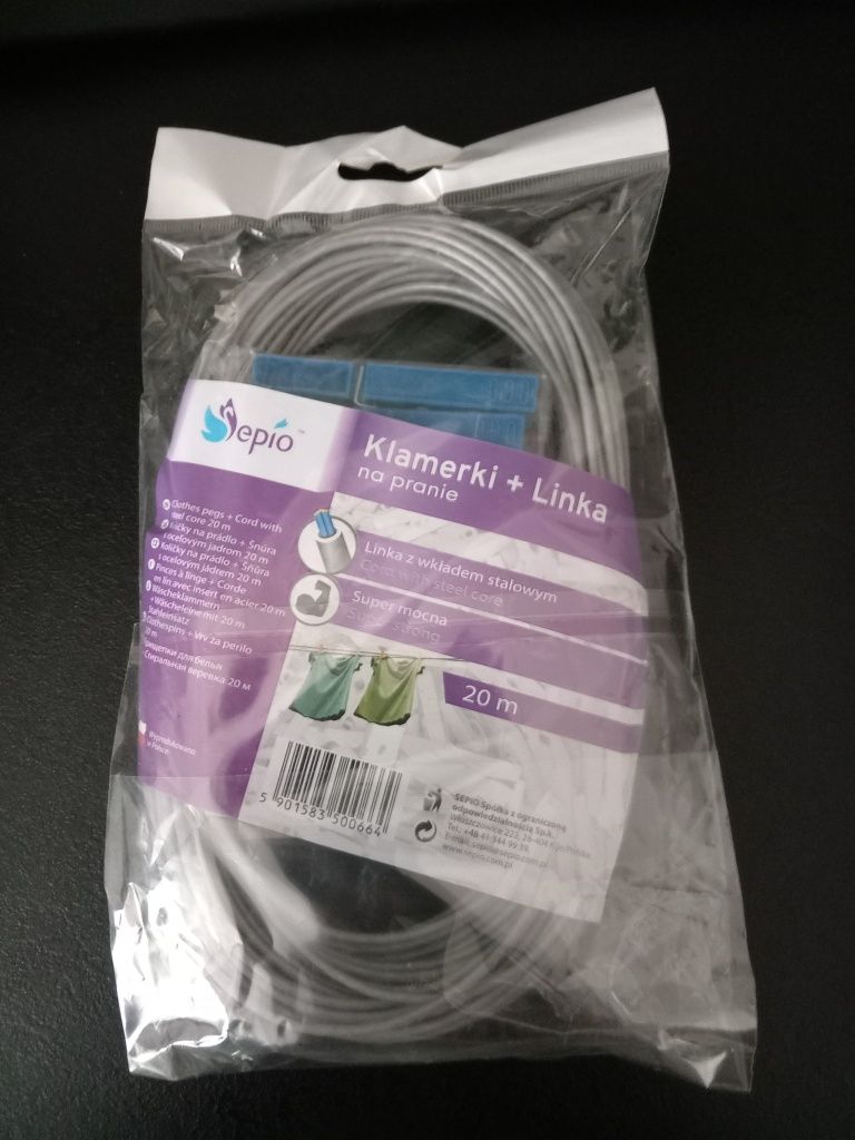 Linka 20 metrów na pranie plus klamerki w komplecie. Nowe. Mocna linka