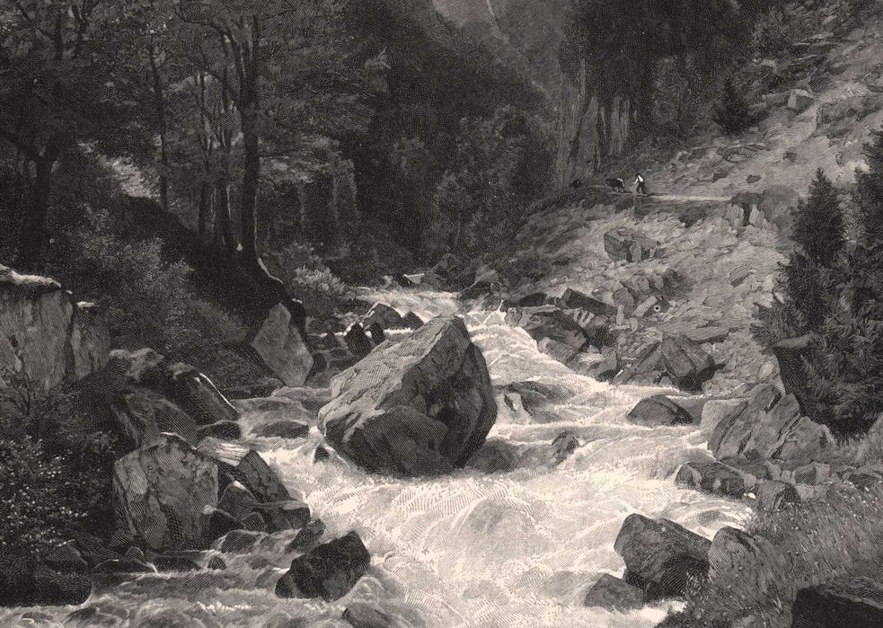 Steffan: Pejzaż Góry Alpy. Drzeworyt ilustracyjny 1897 r. oryginał