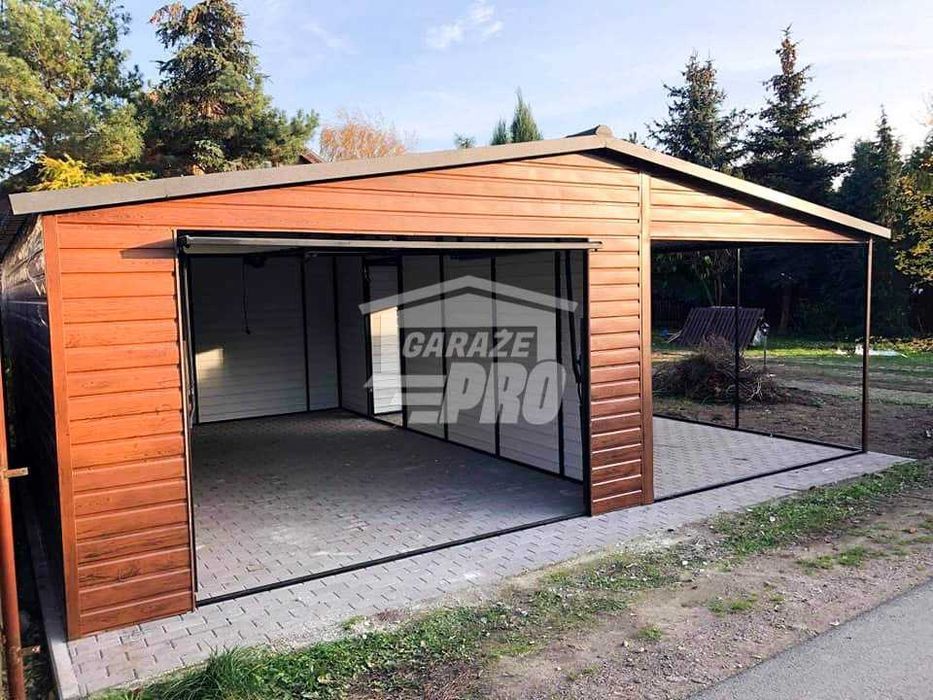 Garaż blaszany 4x6 + wiata 3m. Brama Drzwi - Blachodachówka GP88