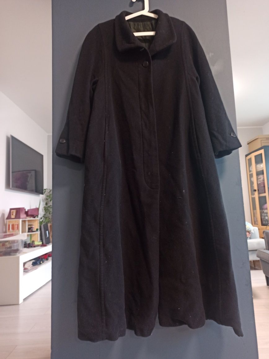 Czarny klasyczny płaszcz płaszczyk długi z kołnierzem wełna kaszmir 38