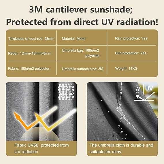 OMERAI 3M Parasol Ogrodowy Stalowy Tarasowy, 8 Żeber, UPF50+, Bananowy