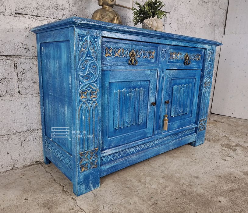 Komoda rzeźbiona, szafka drewniana, zdobiona, niebieska, turkusowa