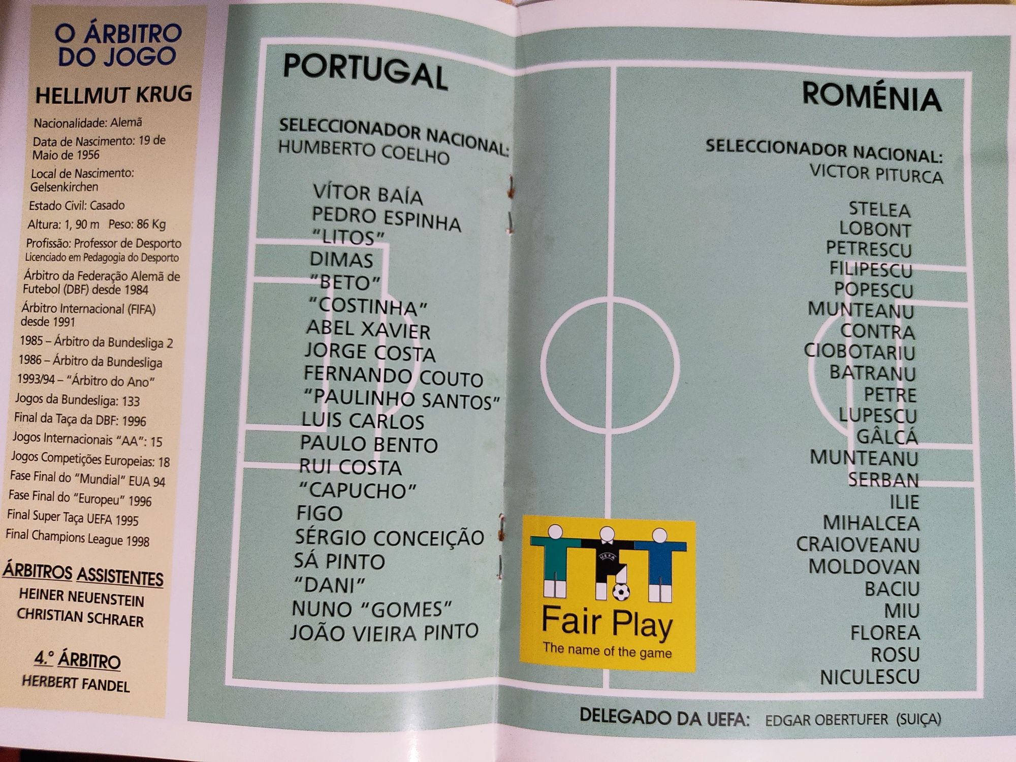 Programa de jogo Portugal Roménia 1998