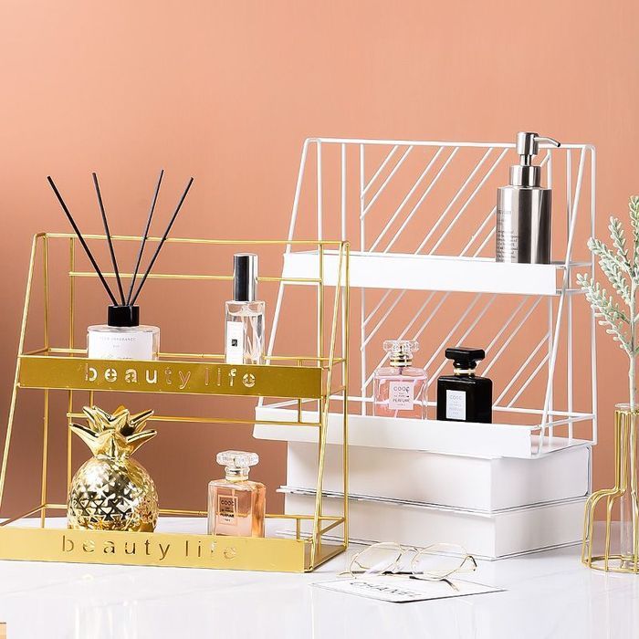 Metalowa, Dwupoziomowa Półka Styl Loft Na Kosmetyki Beauty Life Złota