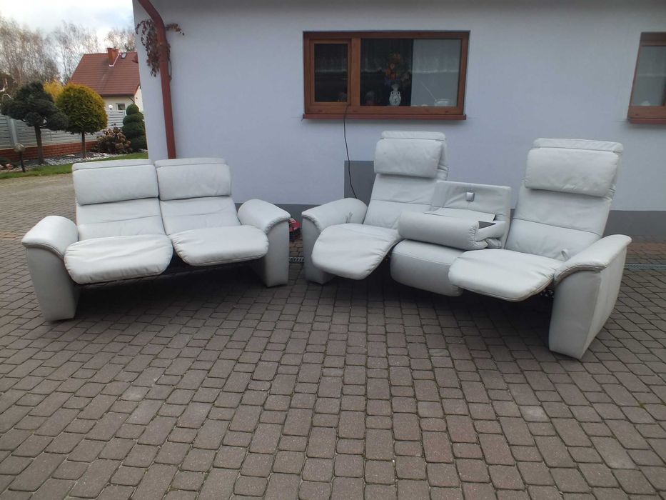 Komplet wypoczynkowy skórzany  elektryczna funk. relax jasnoszary