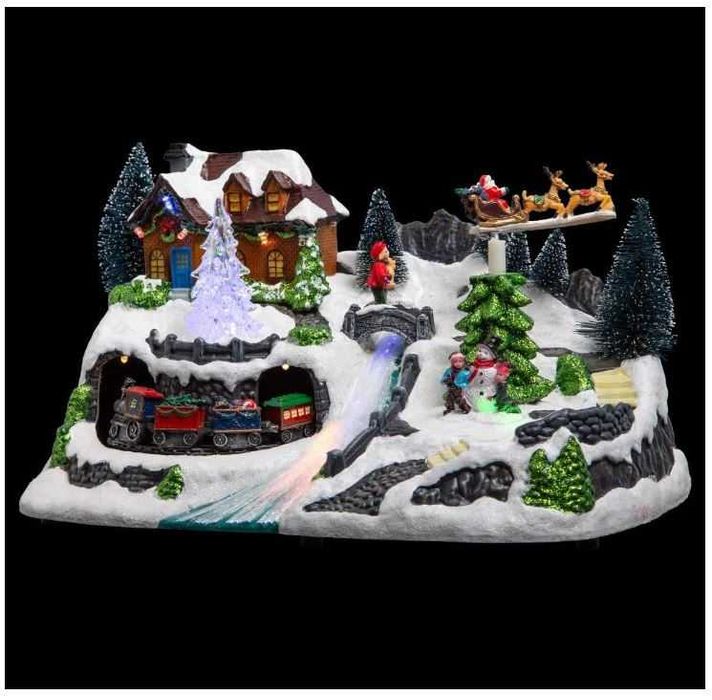 Podświetlana wioska świąteczna LED z pociągiem i Mikołajem na saniach