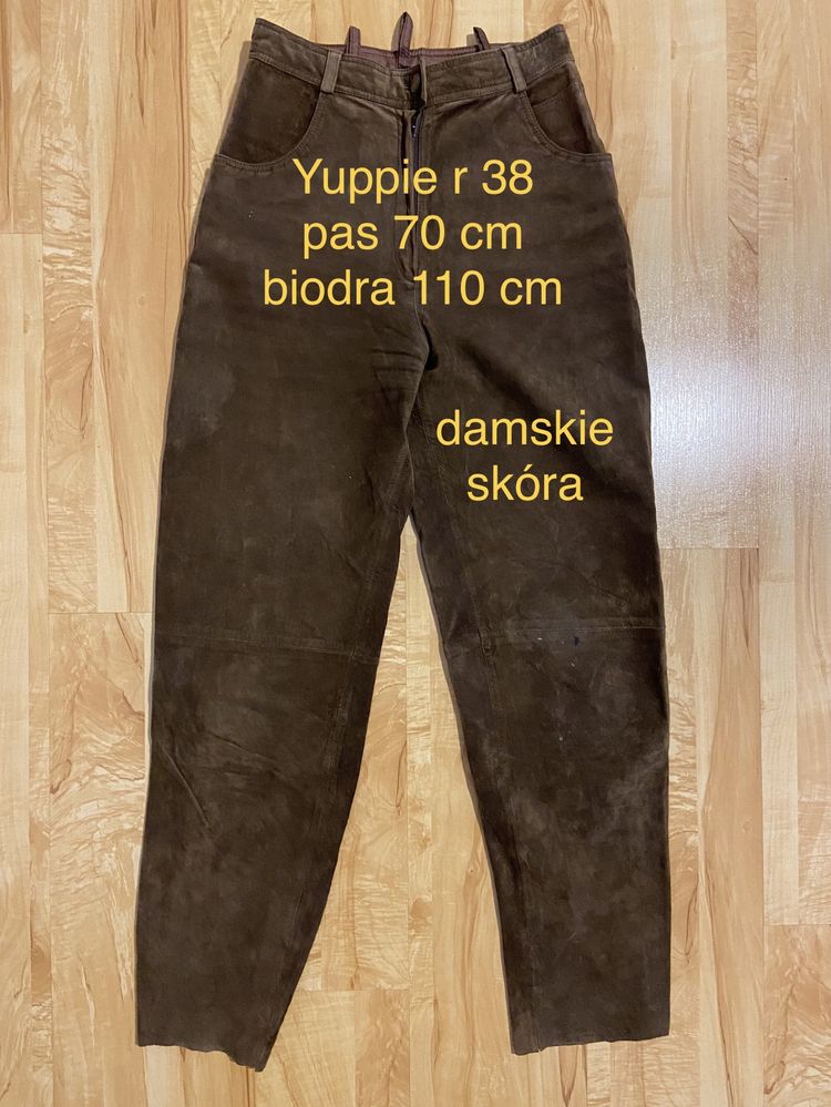 Yuppie 38 spodnie skórzane damskie pas 70 cm brązowe szerokie Vintage