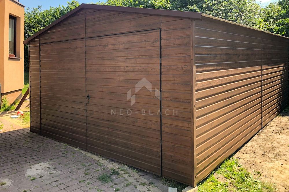 Garaż Blaszany 4X6M Brama - Drewnopodobny - Ciemny Orzech - Nb96