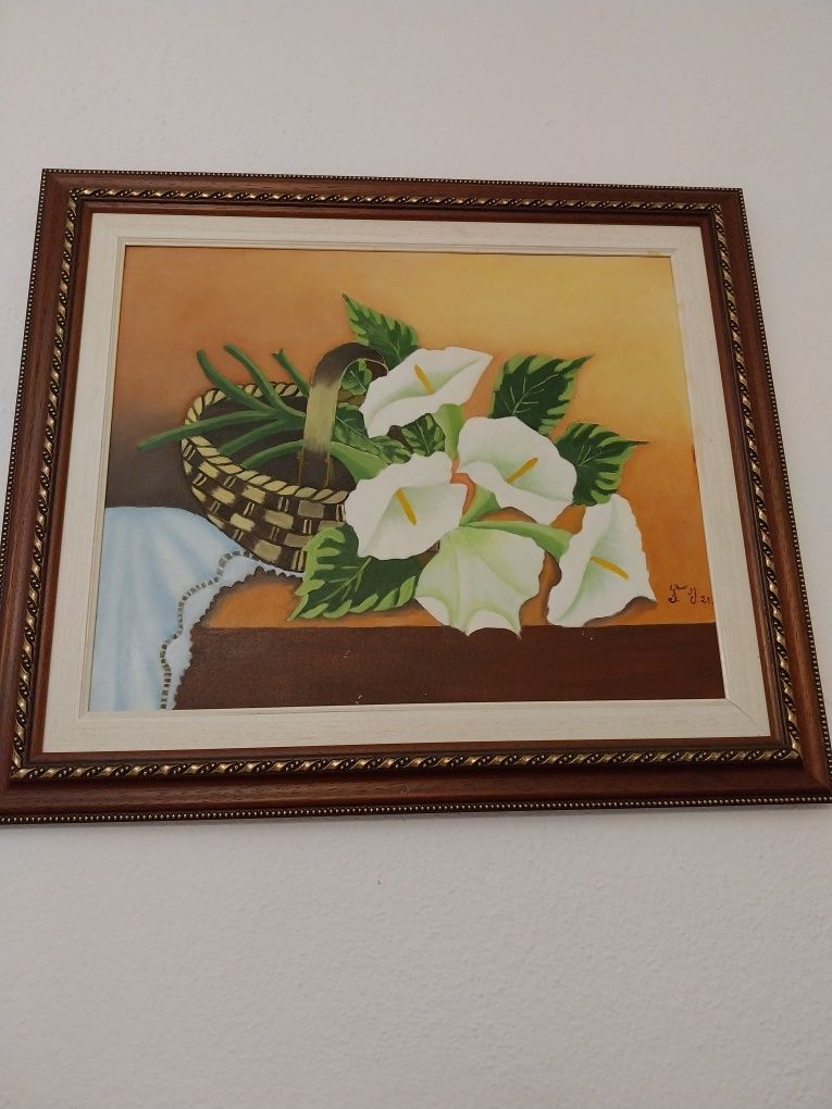 Quadro pintura à mão.  Tema: jarros em cesta