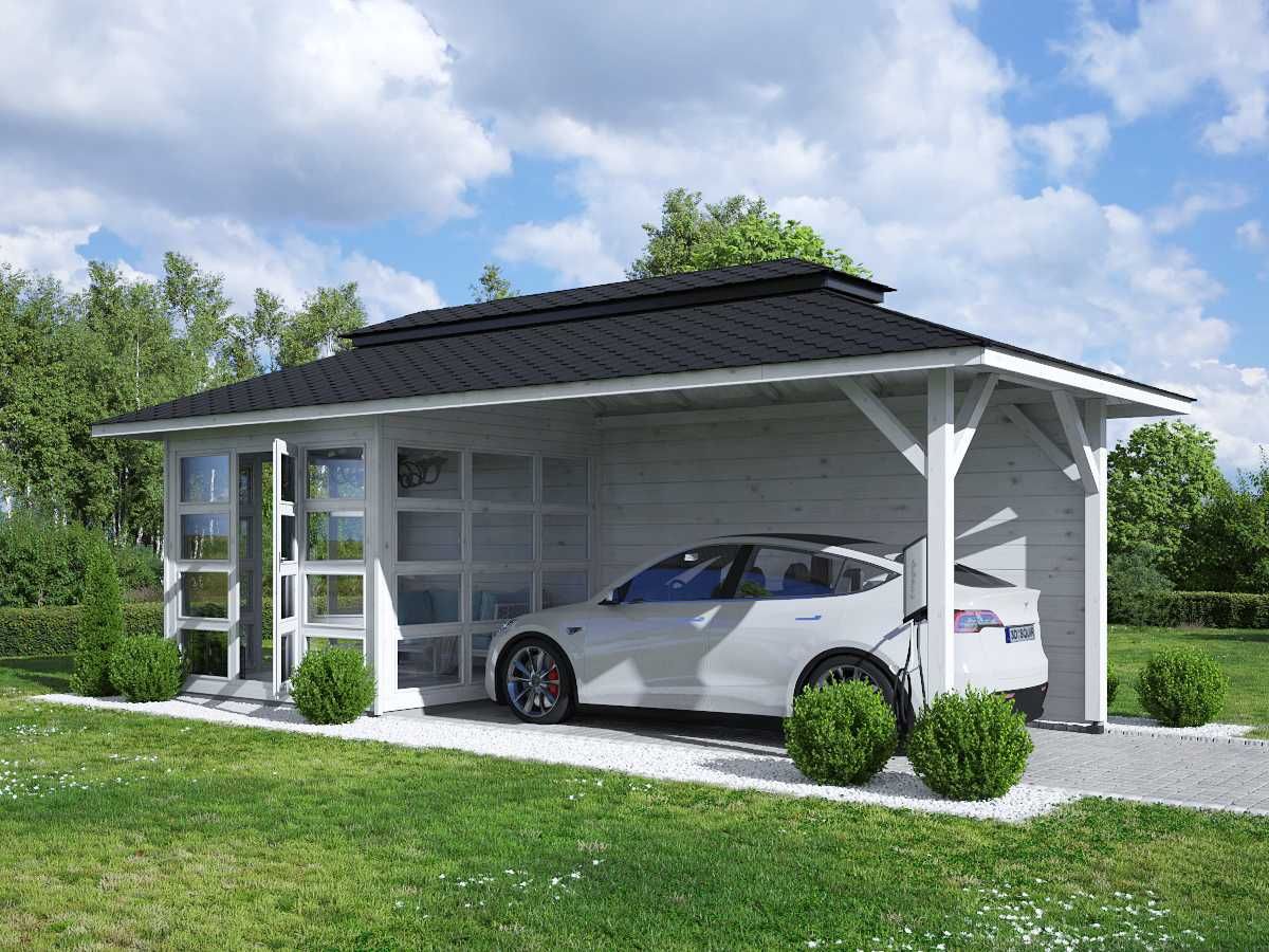 SKLEPzDOMKAMI-pl DOMEK 3x3 i taras 5x3 wiata 8x3m MDN10B garaż Tesla