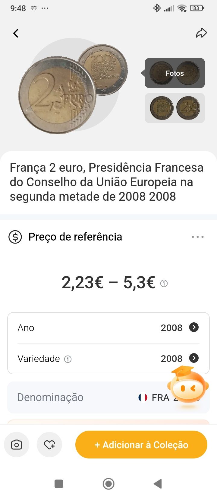 Moedas de 2€ e uma de 20 centavos