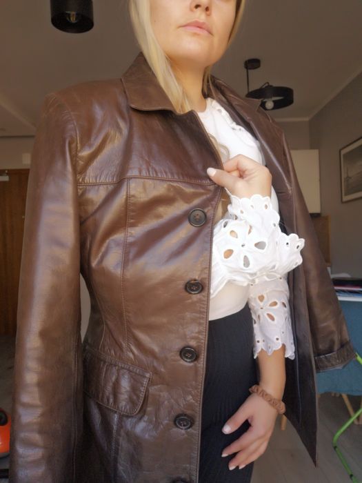 Marynarka Vintage czekoladowa prawdziwa skóra