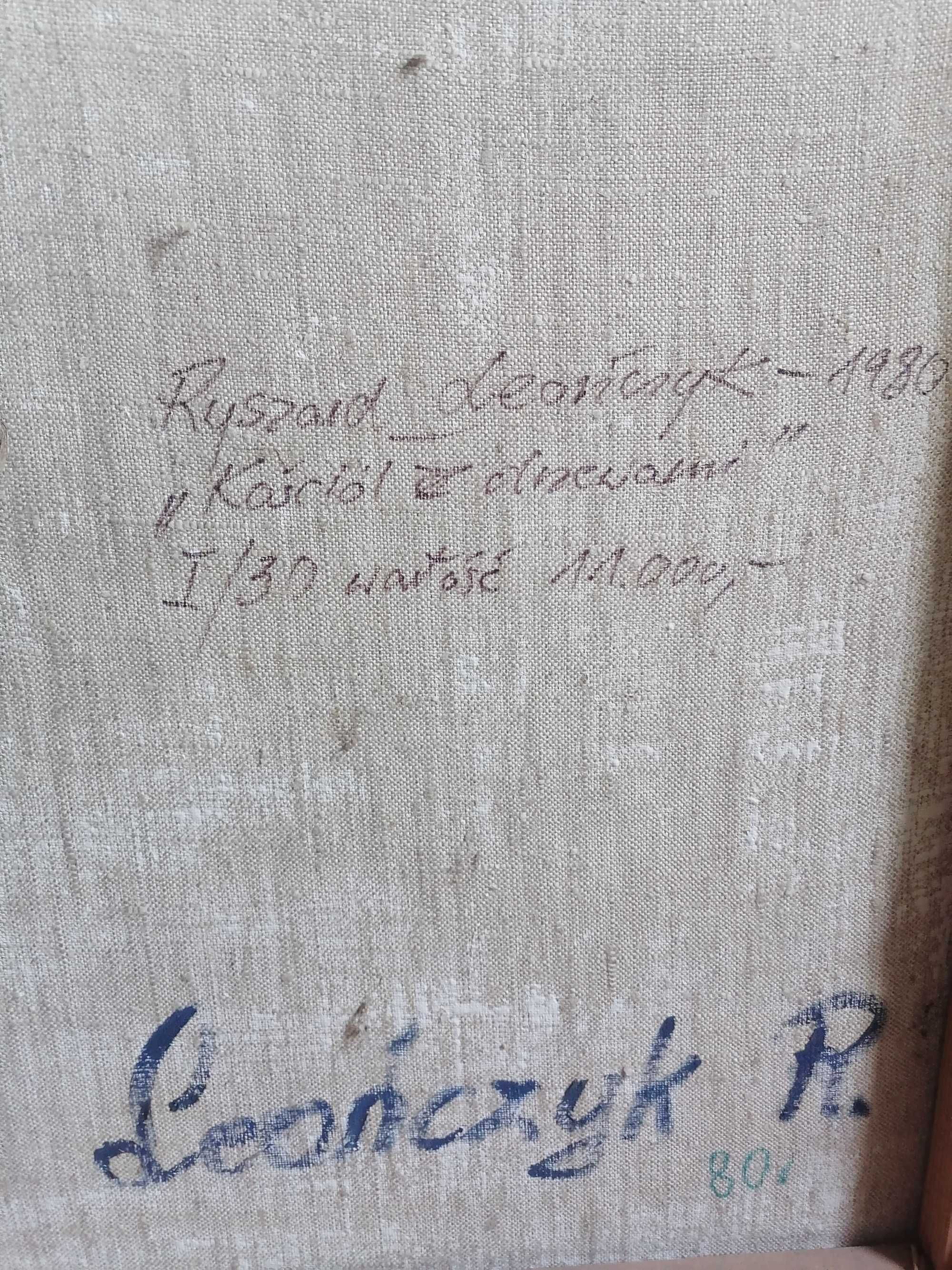Obraz 1980 kościół z drzewami olej płótno  81 x 72 cm
