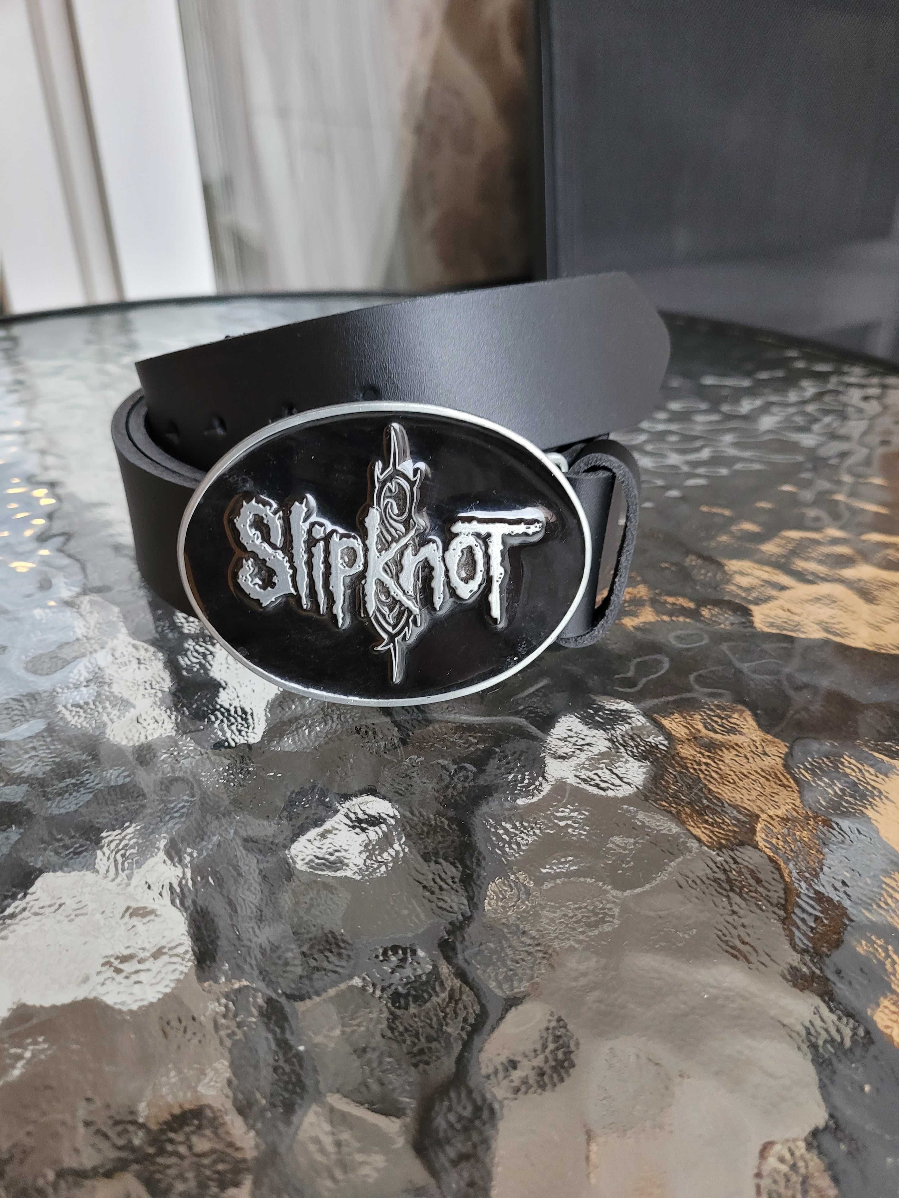 Czarny męski skórzany pasek ręcznie robiony z klamrą zespołu Slipknot