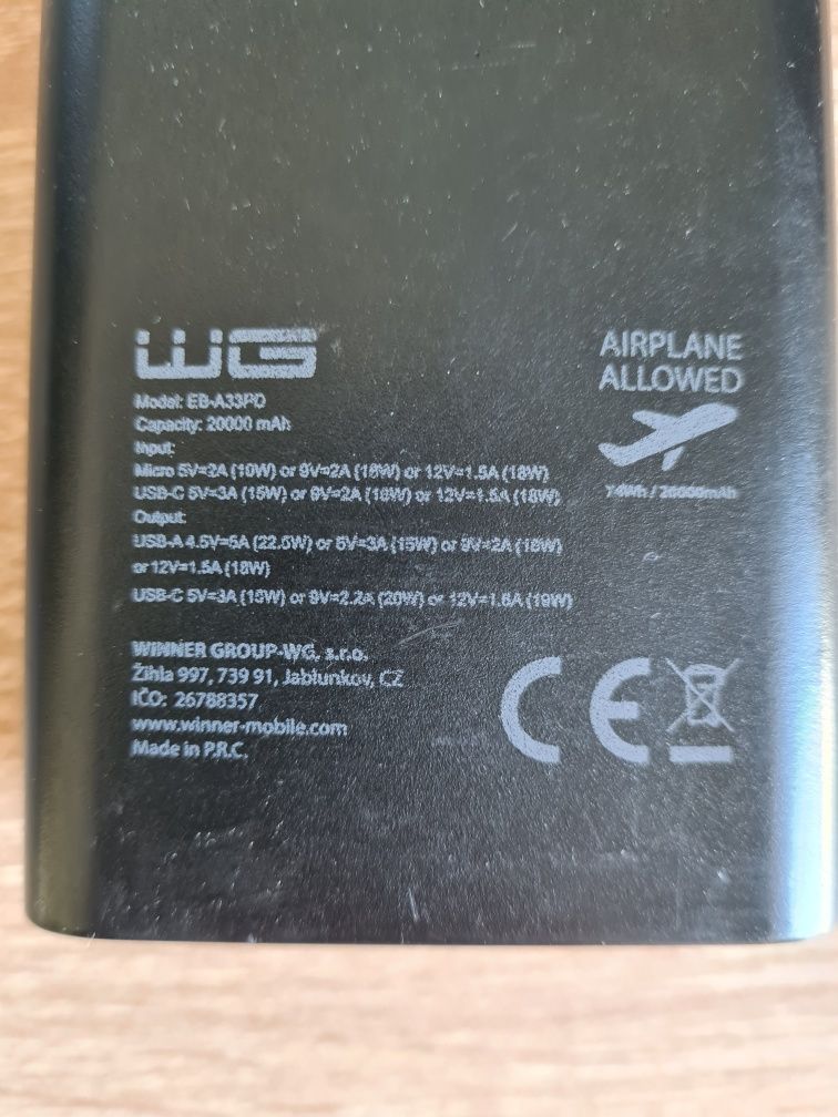 Powerbank WG EB-A33PD 20000 mAh, 22.5W, Power Delivery, Quick Charge