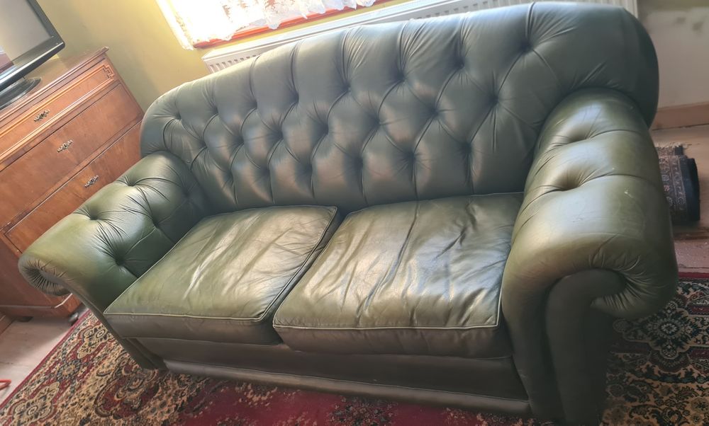 Kanapa + 2 fotele chesterfield skóra zielona