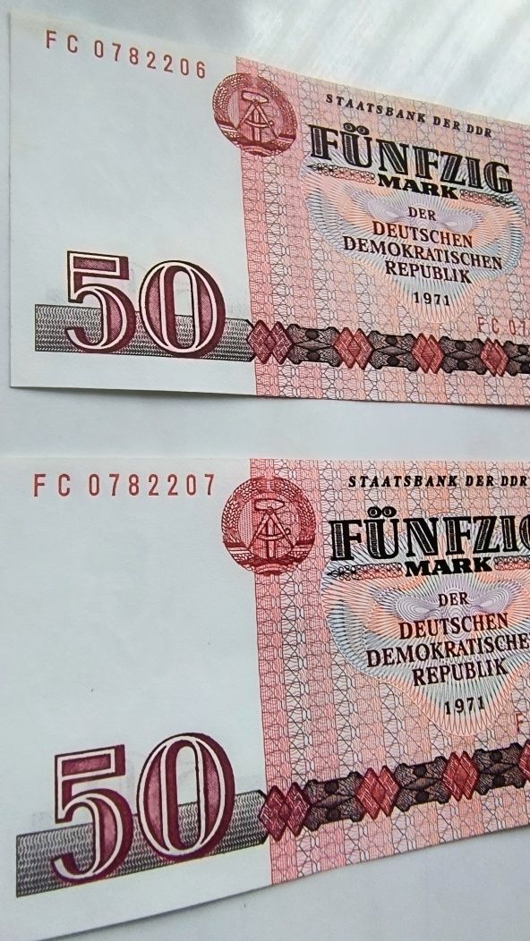 Banknoty DDR, stan UNC,nominał 50 marek, 2 sztuki