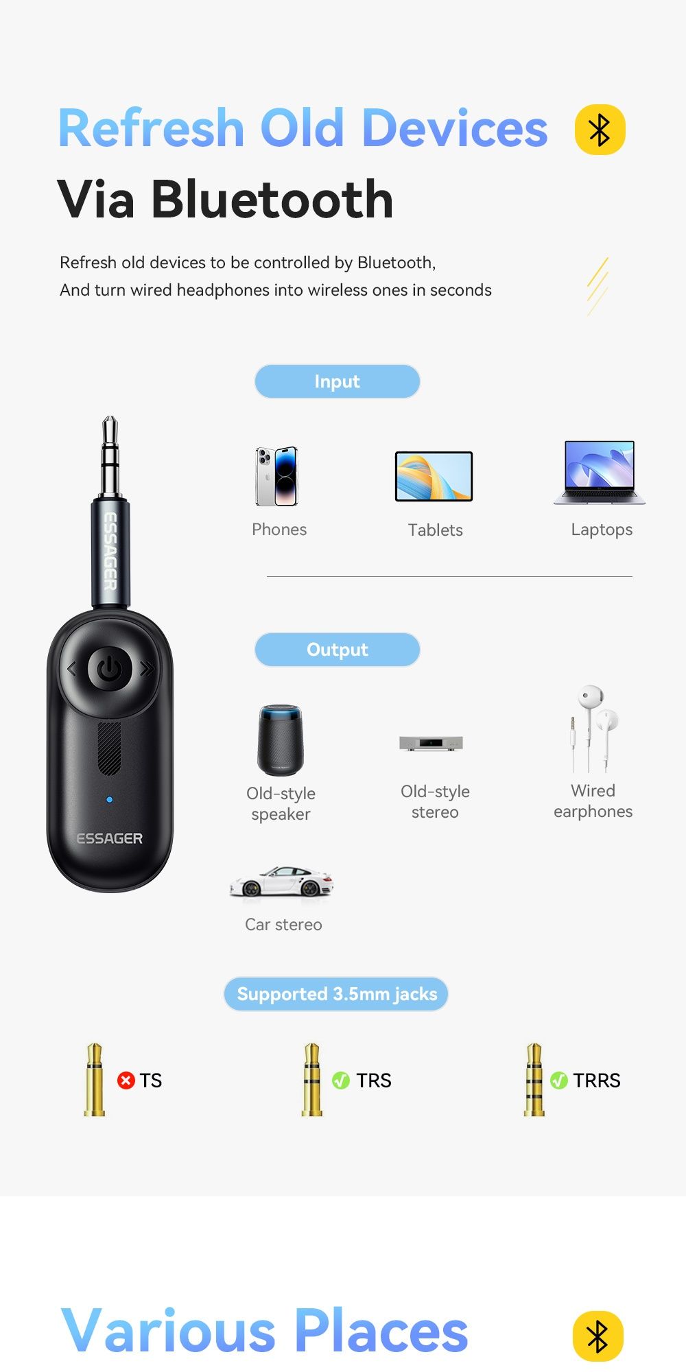 Essager Bluetooth 5,3 адаптер AUX 3,5. аудио приемник, микрофон, АКБ