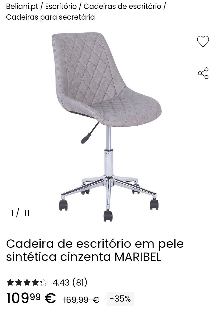 Cadeira de escritório em pele sintética cinzenta MARIBEL
