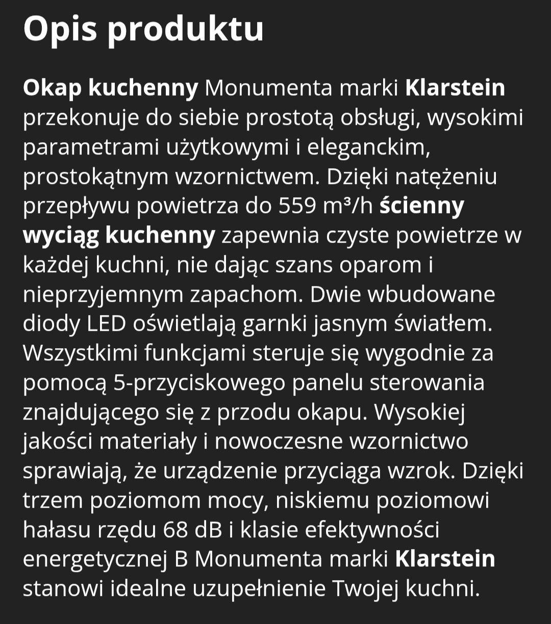 Okap kuchenny  firmy Klarstein