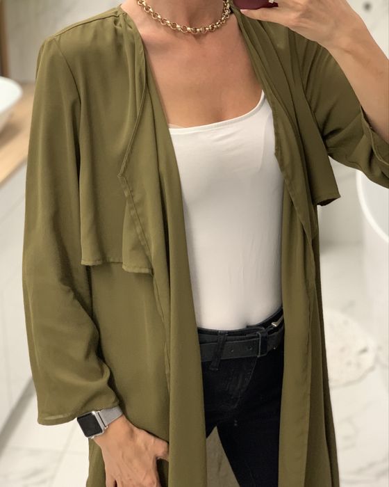 Narzutka lekki plaszcz tunika khaki oliwkowa na jesien do pracy 36