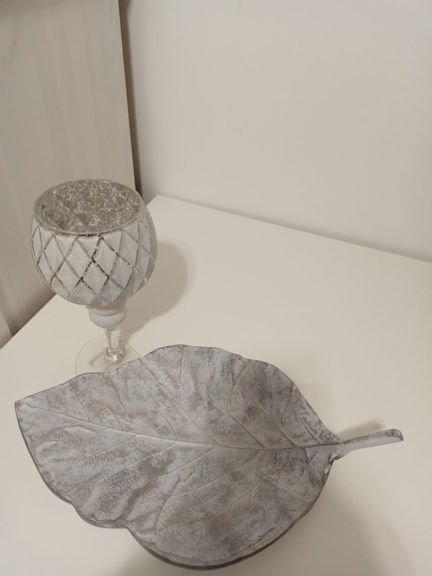 Liść ceramiczny srebrny, patera + kielich świecznik