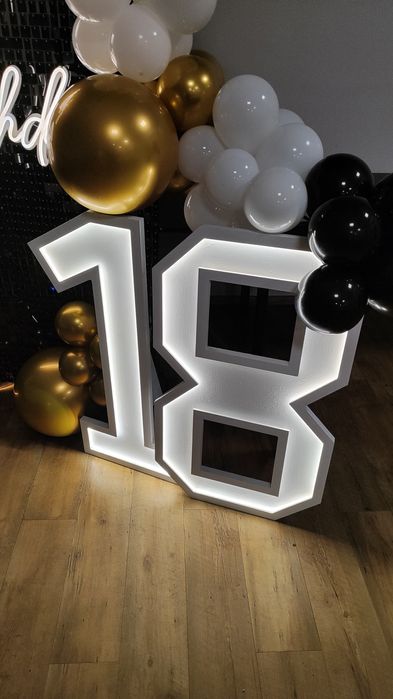 Ścianka cekinowa z balonową oprawąna 18 urodziny napis LED + cyfry