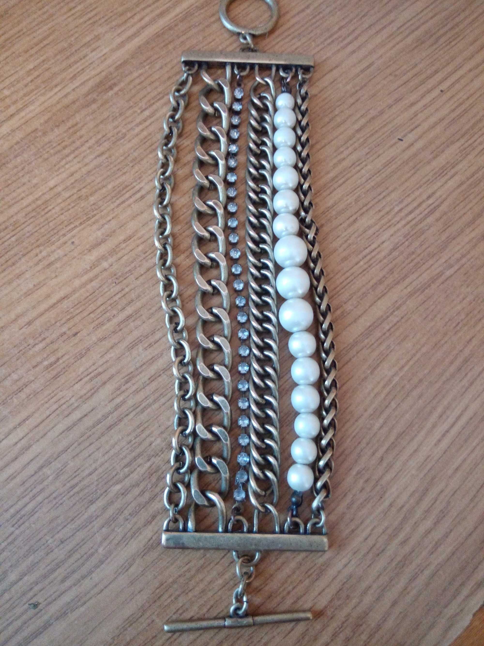 Bransoletka mosiądz perły cyrkonie vintage