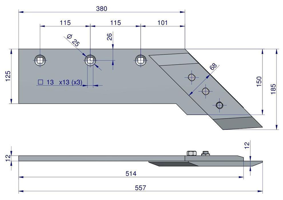 Lemiesz 3-skibowy z dłutem  PR47 grubość 12mm Unia Pług stal borowa