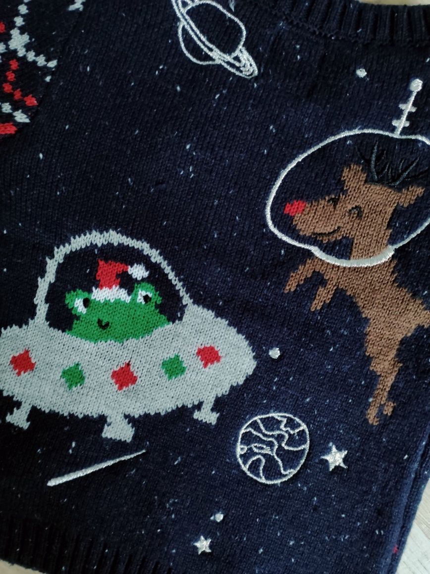 Granatowy świąteczny sweter George 86 12-18 m. kosmos Mikołaj choinka