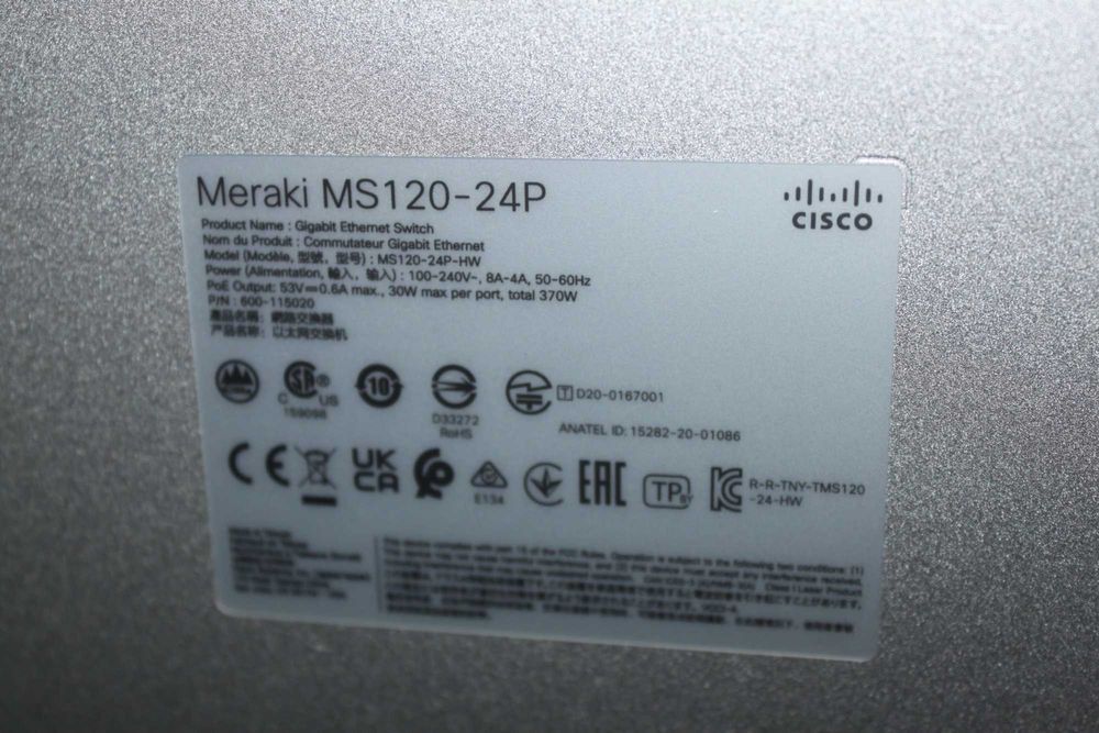 Cisco Meraki MS120-24P Switch, 24x RJ-45, 4x SFP, 370W PoE+
