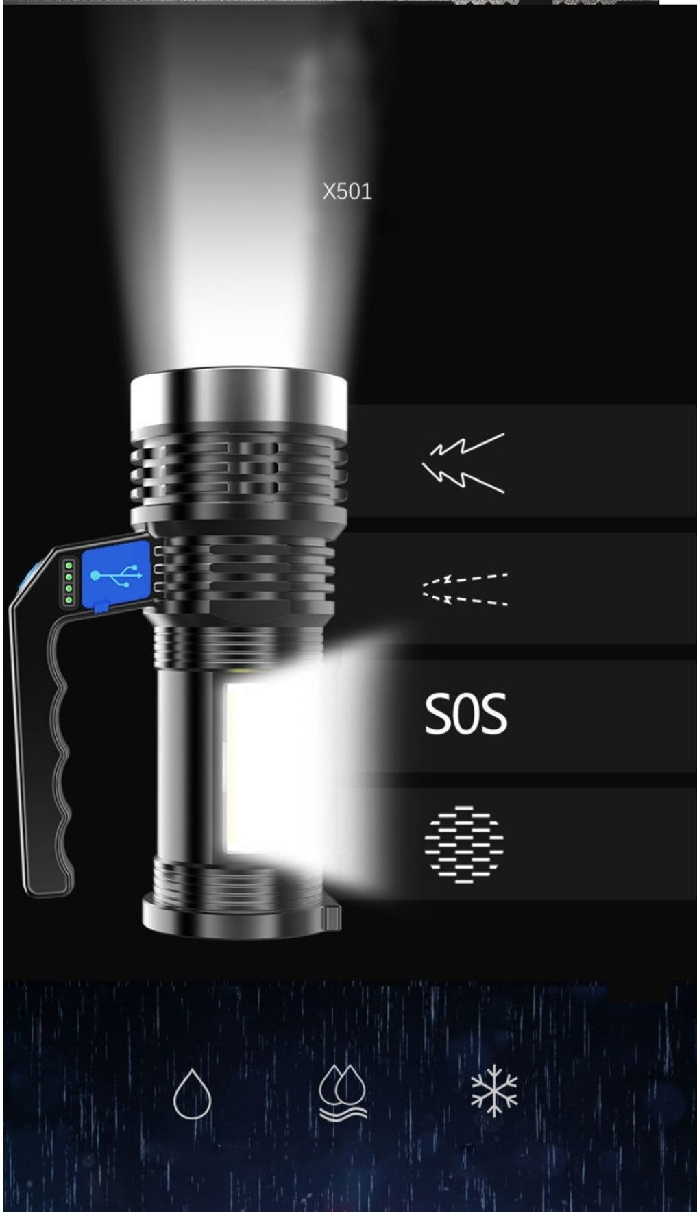 Lanterna Xanes P500 dupla luz alcance 500m Carregamento USB NOVA