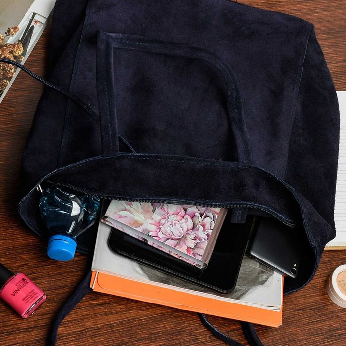 VERA PELLE torebka zamszowa shopper z rzemykami V462 granatowa