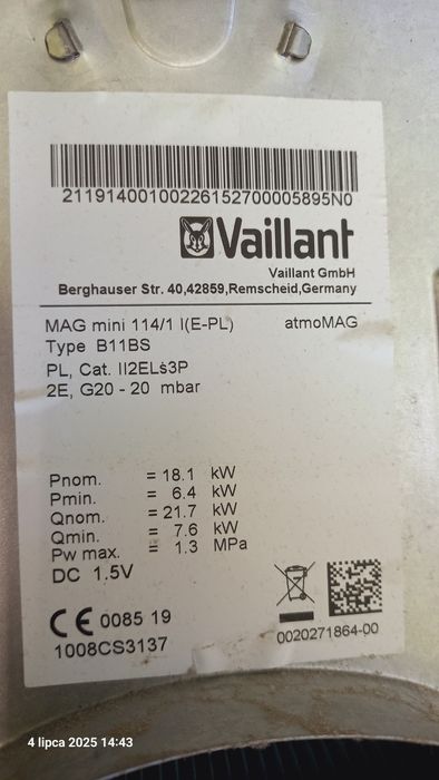 Zespół gazowy do piecyka Vaillant mag mini 114/1