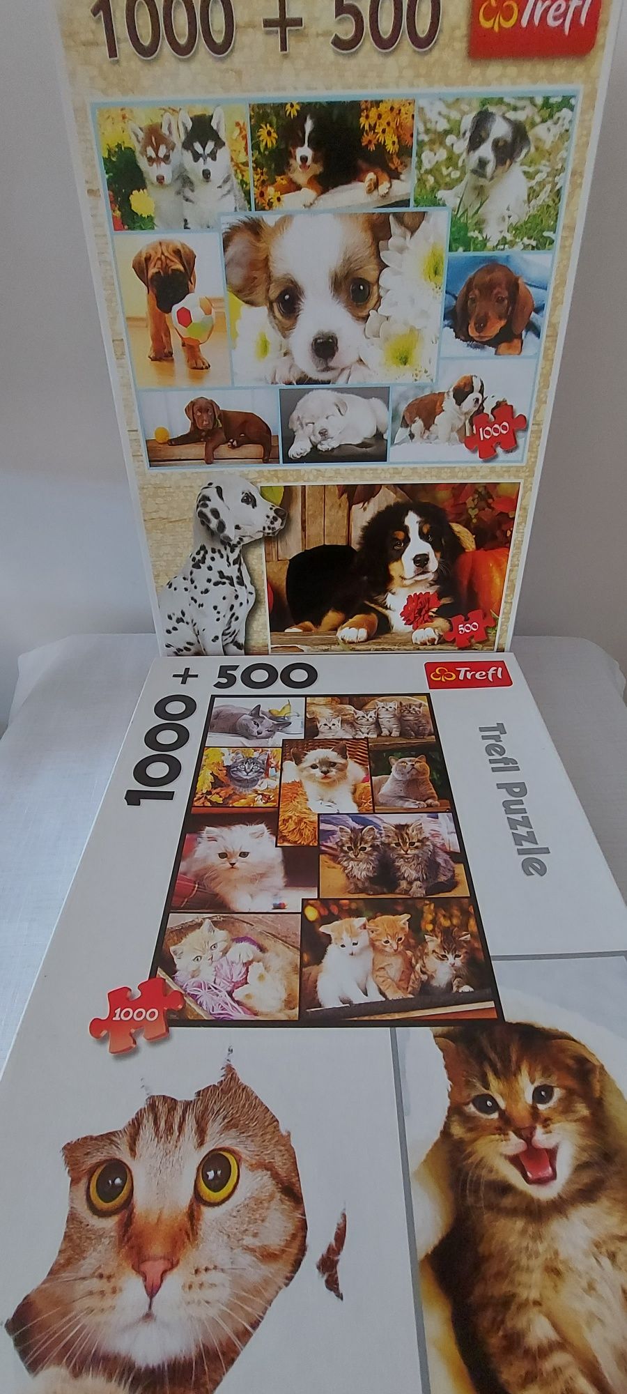 PuzzleTrefl 1000+500 dwa pudełka z psami i kotami