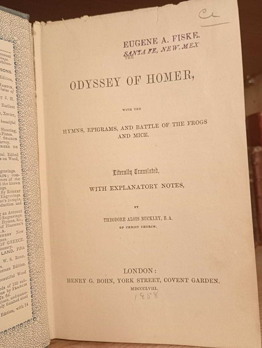 Stara Książka 1858 Homer Odyseja, Hymny i Epigramy - Grecja - Londyn