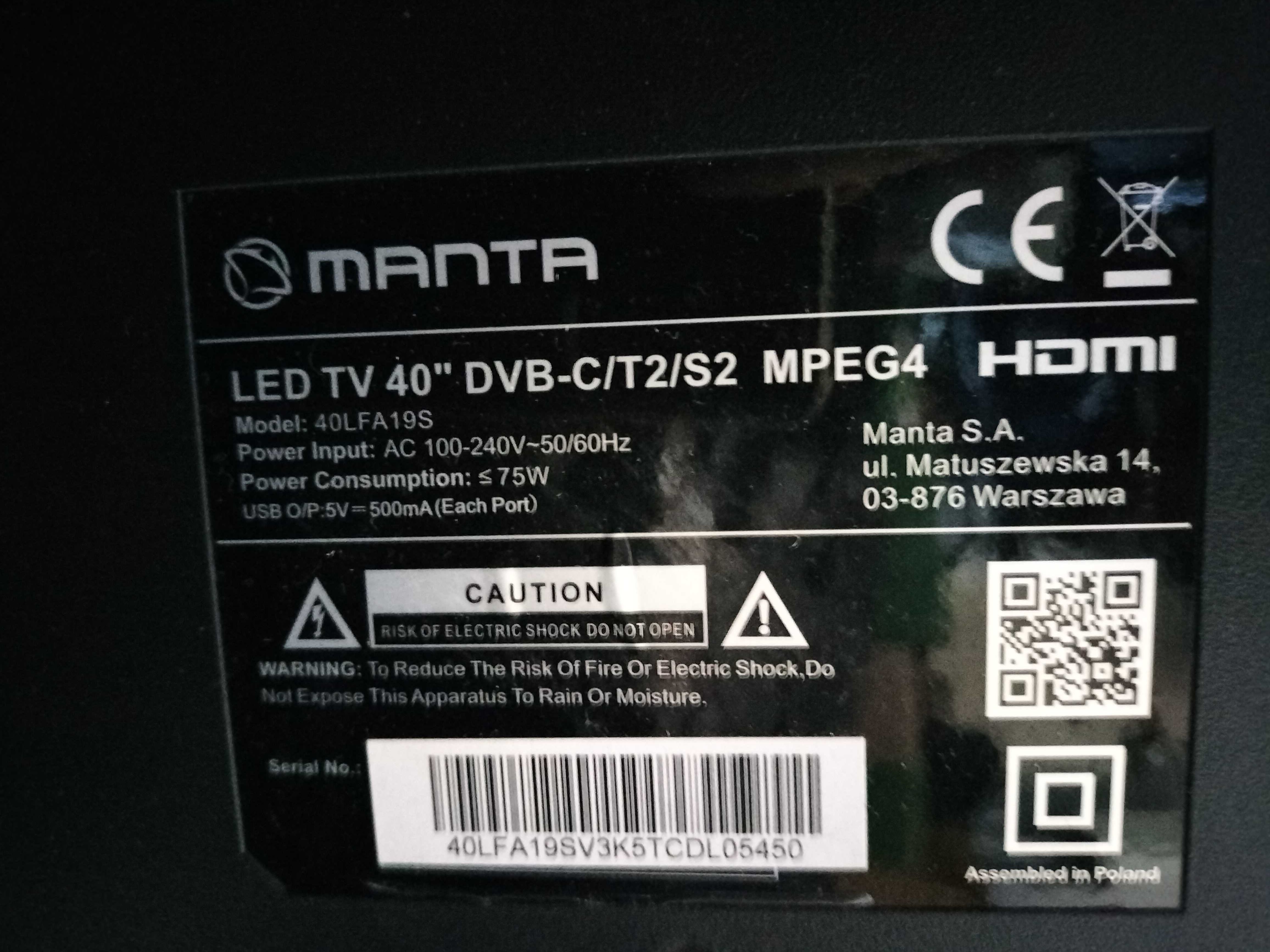 TV Manta Smart 40LFA19S uszkodzony 40"