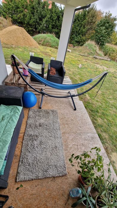 Taras drewniany (tymczasowy/ budowlany), 12 palet, OSB, krokwie, belki