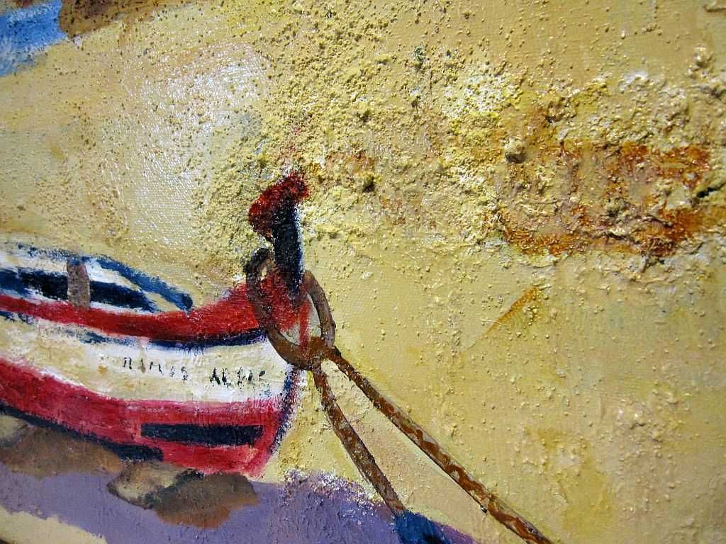 paisagem com barco - pintura em óleo com areia - assinada MARIA LISBOA