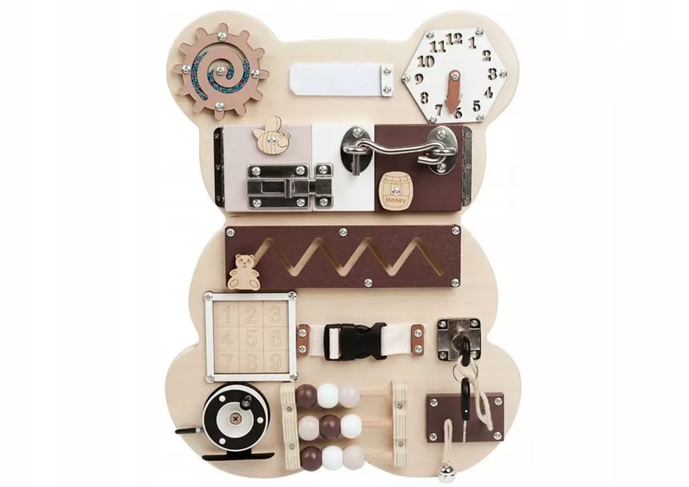 Tablica Manipulacyjna Sensoryczna Miś Drewniana 14 El. Leantoys